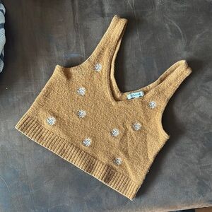 Madewell Tan Knit Tank with White Floral Embroidery
